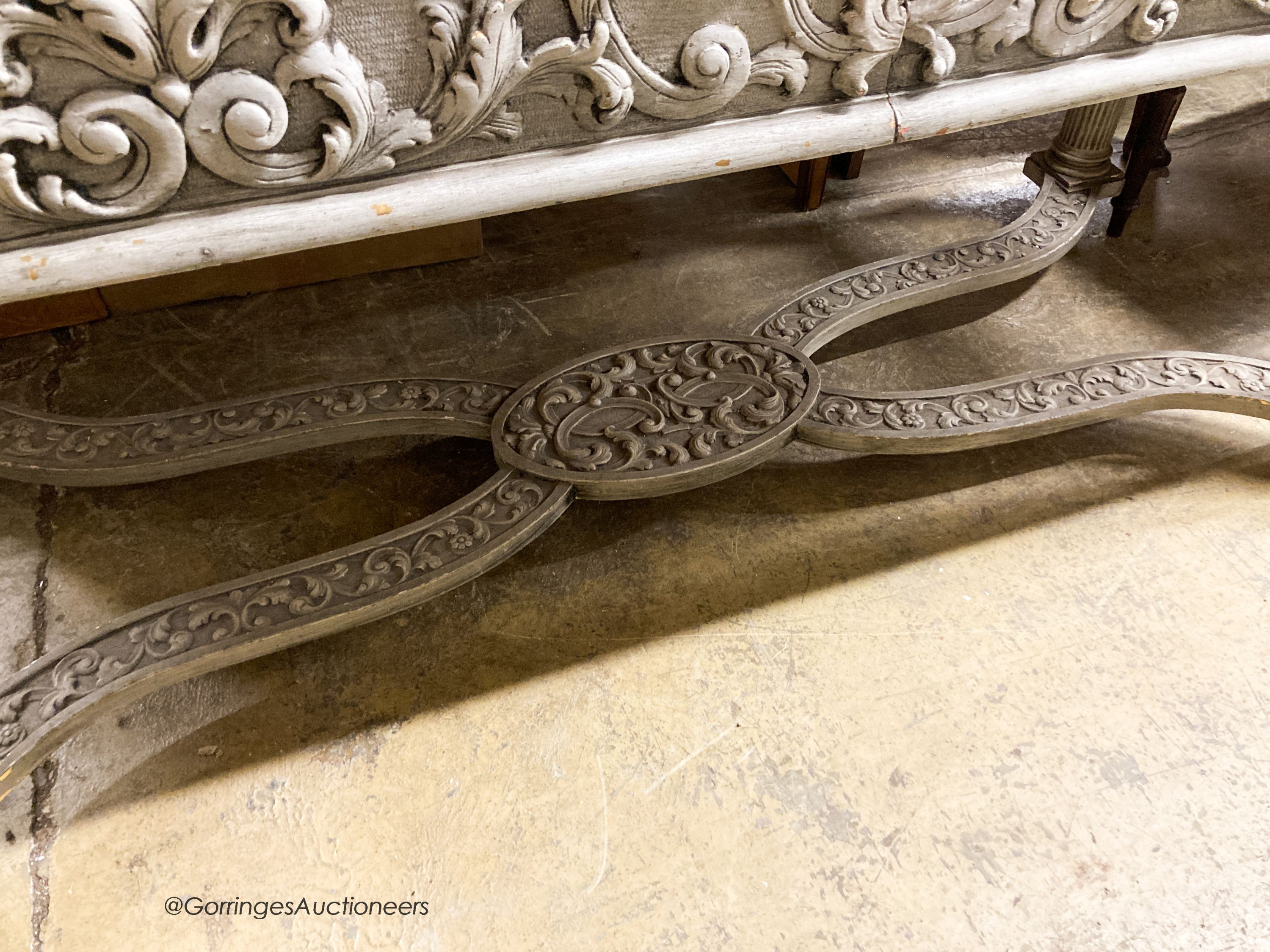 An 18th century style painted two drawer glass top console table, width 180cm, depth 73cm, height 95cm